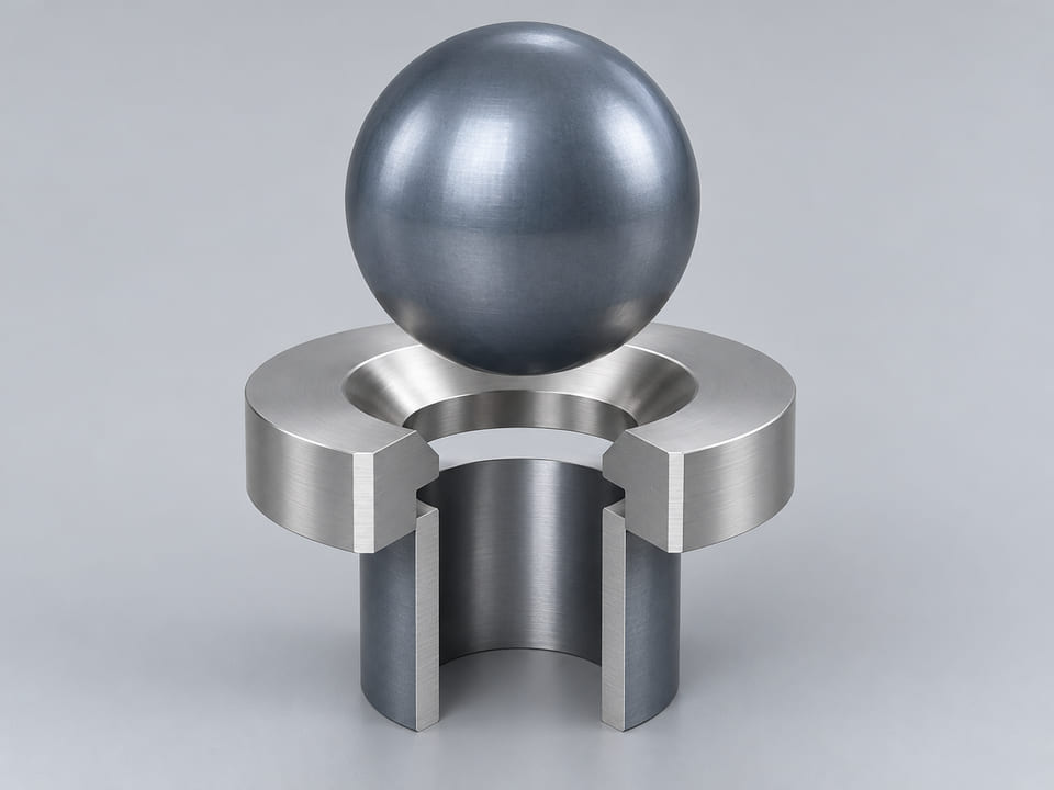 CGI conceptual: esfera completa de tántalo con pureza o grado y estado del material especificados, sobre un asiento anular cónico y un orificio vertical abierto alineado; concepto de contacto axial entre componentes