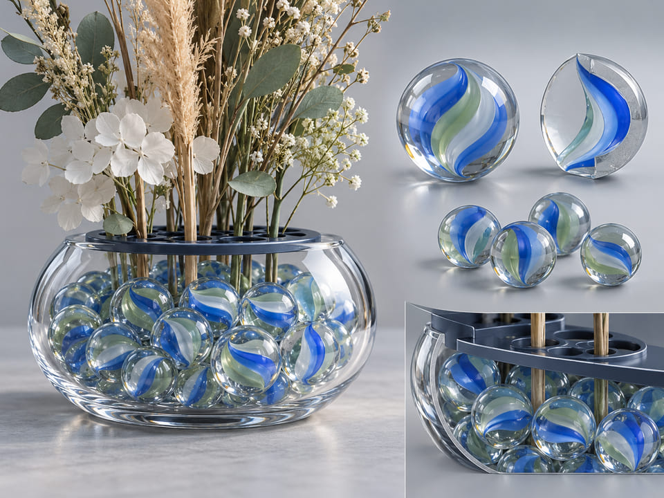 CGI conceptuel : petit récipient transparent de présentation contenant des billes décoratives en verre à rubans, formant un remplissage ornemental stable sous un support d’arrangement sec ; ni aliment, ni enfant, ni jouet