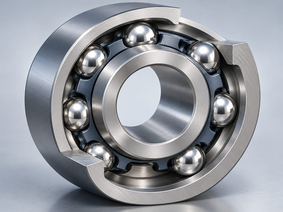 CGI conceptual: corte de un conjunto compacto de rodamiento de acero inoxidable con bolas pulidas y pistas circulares interiores y exteriores cerradas de aspecto realista