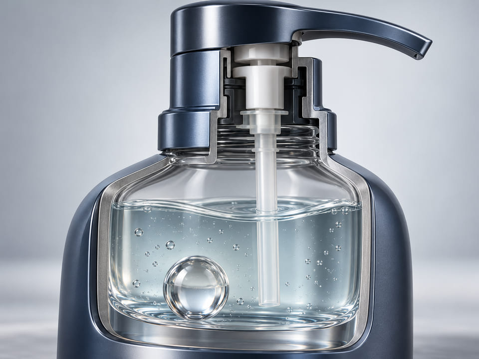 Konzeptionelles CGI: Schnitt durch den Hals einer Kosmetikspenderflasche mit einer klaren Glasmischkugel im Flüssigkeitsbehälter und einem separaten einfachen Pumpenrohr; Kugel eindeutig nicht im Pumpenrohr