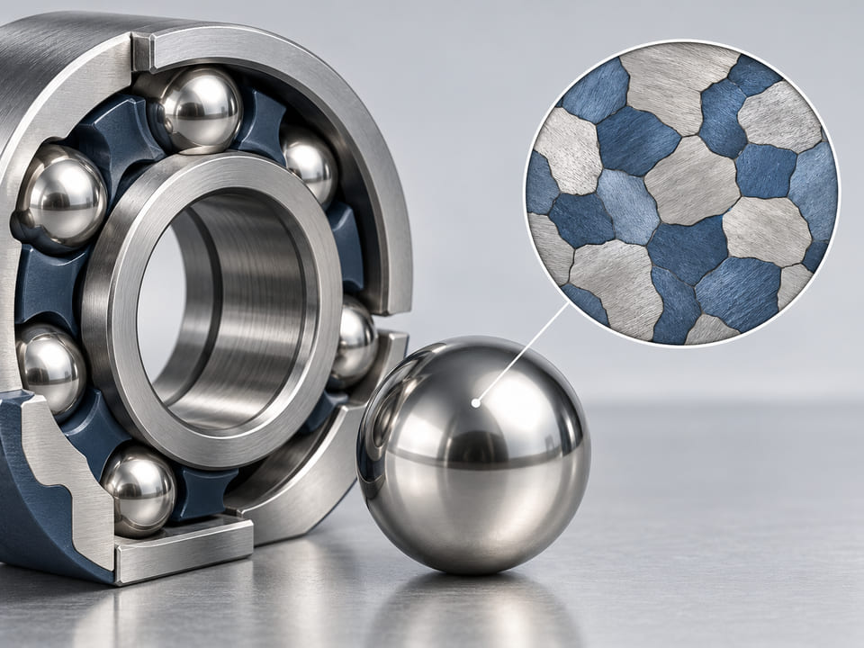 Konzeptionelles CGI: polierte Metallkugel mit einem abstrakten, vergrößerten, zweifarbigen Mosaik ineinandergreifender Körner in einem separaten runden Detailfenster; ausdrücklich konzeptionelle Duplexphasen, keine tatsächliche Mikroskopie