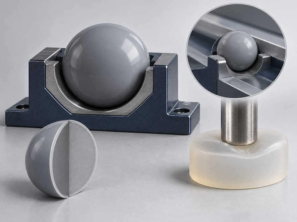 Konzeptionelle CGI-Darstellung: graue Hart-PVC-Kugel in einer Prüfaufnahme neben einem weichen Muster aus flexiblem Polymer; Vergleichskonzepte für starre Kugel und flexibles Compound, keine Aussage über tatsächlich gelieferte Güten