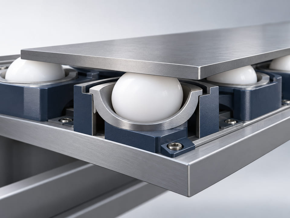 Konzeptionelle CGI-Darstellung: Schnitt durch ein Förderband-Transferkonzept bei geringer Last mit einer weißen UHMWPE-Kugel in einer breiten Pfanne unter einem kleinen flachen Metallwerkstück; realistischer Kontakt mit freier Rollbewegung