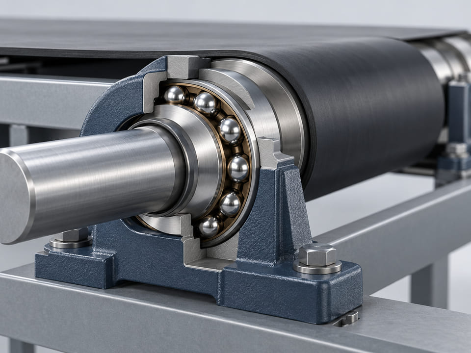 Konzeptionelle CGI-Darstellung: kompakter Schnitt durch ein Förderlager mit rollenden silbernen Kugeln und zurückhaltendem Lagergehäuse