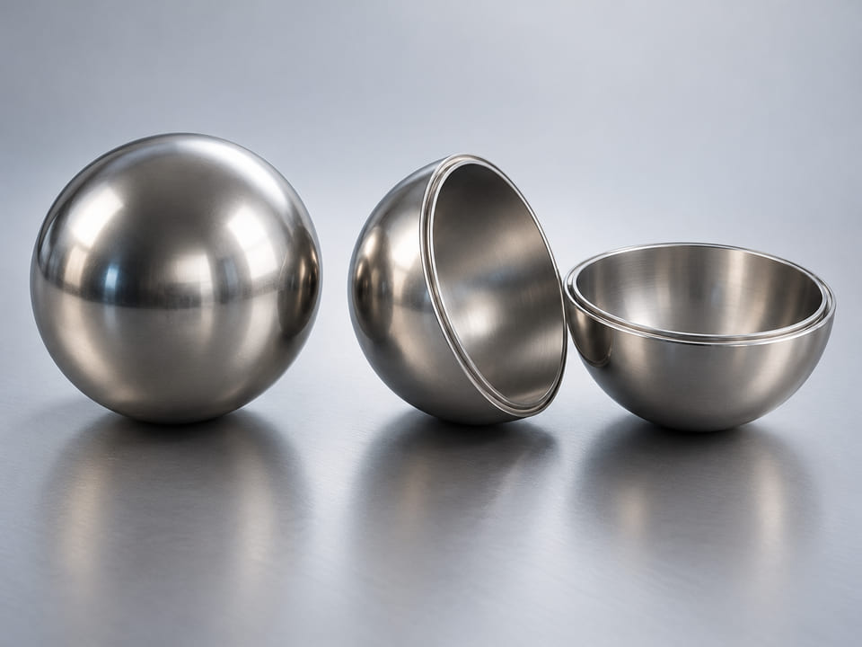 Konzeptionelle CGI-Darstellung: eine unbeschädigte polierte Edelstahlkugel neben einer aufgetrennten dünnwandigen Metallschale und der passenden Halbschale; gleichmäßig dünne Wandung, sichtbarer Hohlraum und umlaufende Fügekante, kein massiver Kugelkern