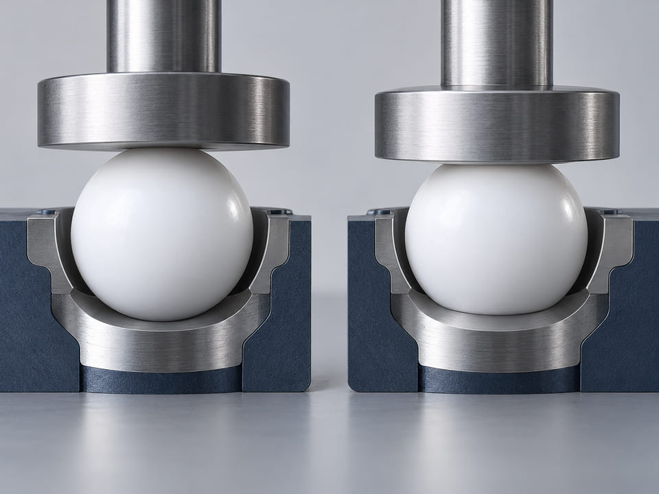 Konzeptionelle CGI-Darstellung: weiße PTFE-Kugel auf einem breiten Sitz sowie dieselbe Kugelgeometrie mit einer sehr dezenten größeren Kontaktfläche unter einer neutralen oberen Druckplatte; qualitative Darstellung von Kriechen und Kontakt, ohne Maße