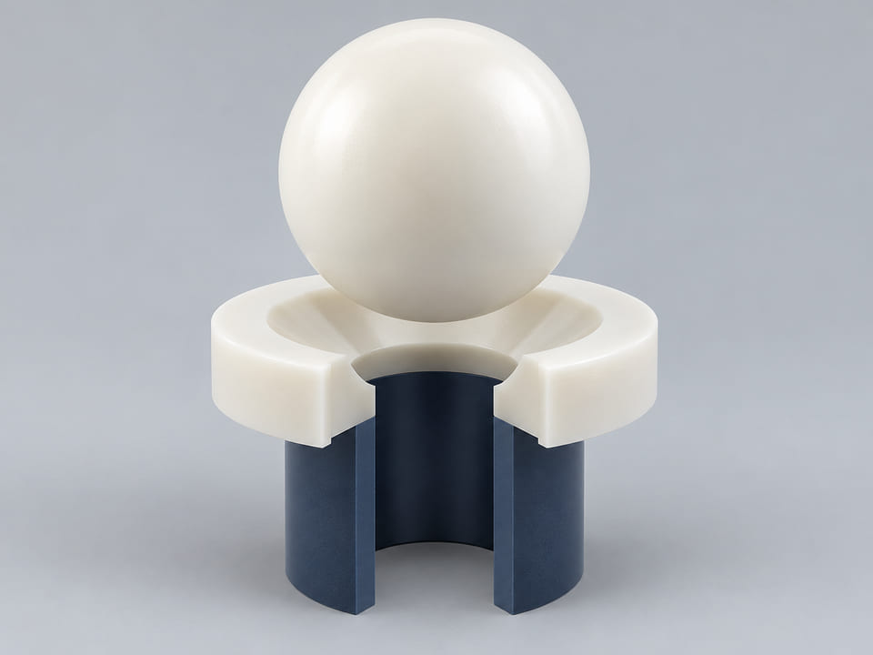 Konzeptionelle CGI-Darstellung: Kugel aus Polyvinylidenfluorid mit genau angegebener Güte und Additiven über einem konischen Ringsitz und einer dazu ausgerichteten offenen vertikalen Bohrung; axiales Kontaktkonzept für Bauteile