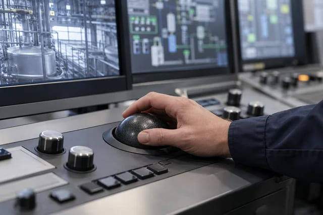 CGI-Anwendungsszene eines Bedieners mit integriertem Trackball an einem industriellen Bedienfeld
