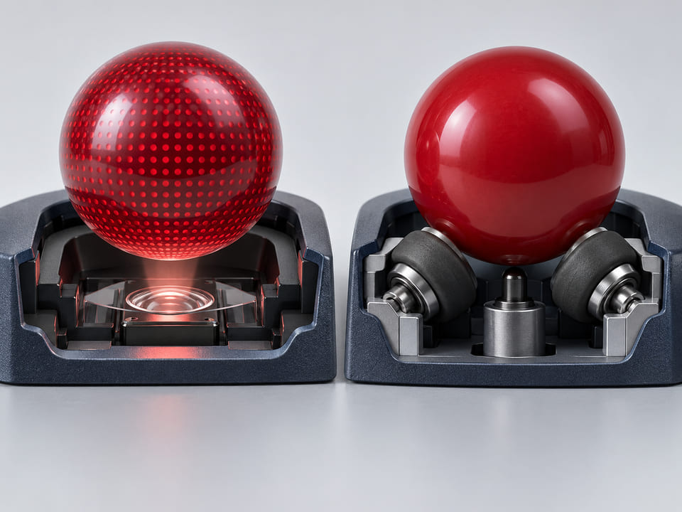 CGI conceptual: esfera de resina roja con patrón óptico junto a una esfera mecánica roja lisa; cada una sobre un concepto simplificado de sensor óptico y contacto con rodillo, respectivamente; sin esquemas electrónicos ni texto