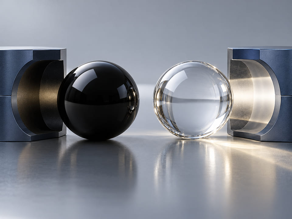 Konzeptionelles CGI: glänzende schwarze Glaskugel neben einer passenden klaren Glaskugel unter derselben zurückhaltenden Lichtquelle; Konzept von Opazität und Lichtdurchtritt am Rand, keine Aussagen zu Elektronik