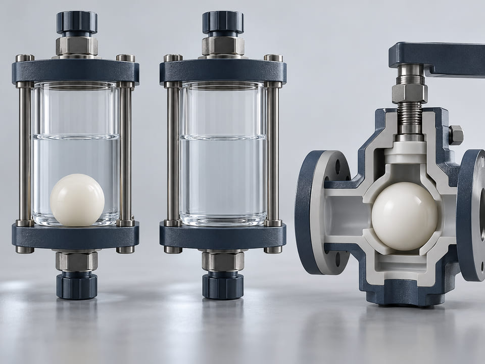 Konzeptionelle CGI-Darstellung: cremefarbene PVDF-Kugel in einer transparenten Chemikalien-Probenzelle neben einer passenden leeren Referenzzelle; zurückhaltendes Konzept zur Verträglichkeitsprüfung, keine dramatische Korrosion oder Garantie