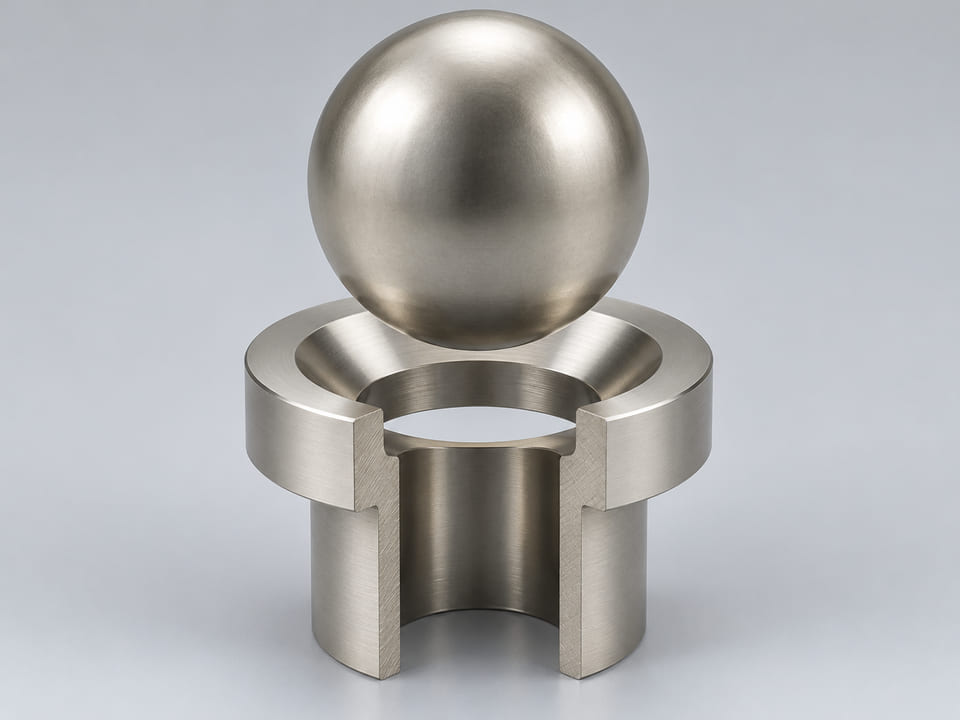 CGI conceptual: esfera completa de aleación especificada de base níquel y estado metalúrgico definido; requiere evaluación del proyecto, sobre un asiento anular cónico y un orificio vertical abierto alineado; concepto de contacto axial entre componentes