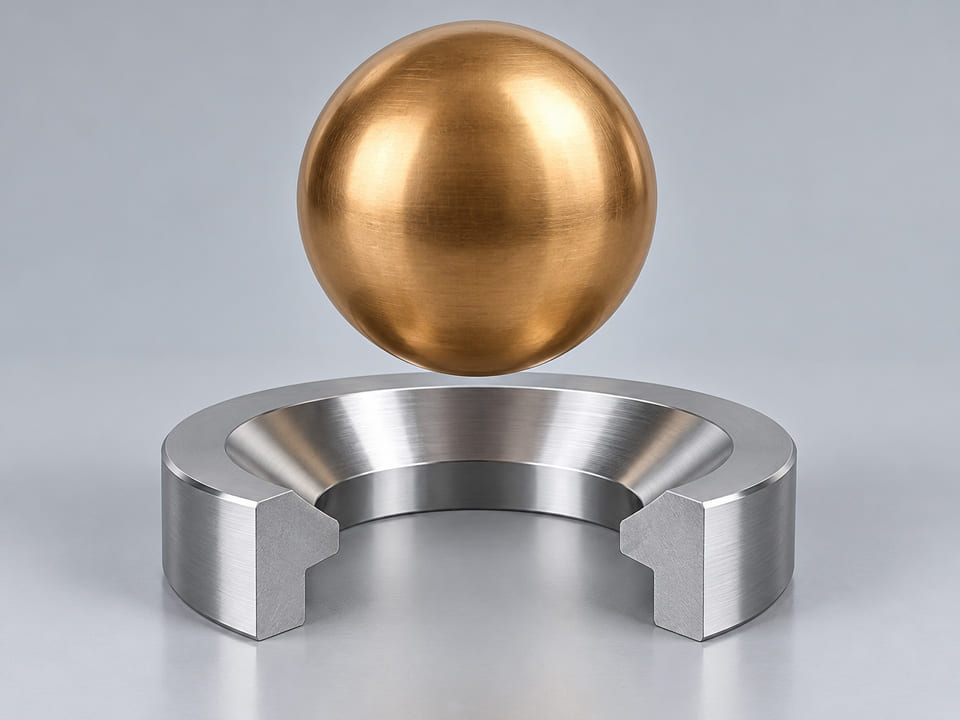 Konzeptionelle CGI-Darstellung: vollständige Bronzekugel, separater Ringsitz und flache Metallprobe; Vergleich von Werkstoff und Kontakt