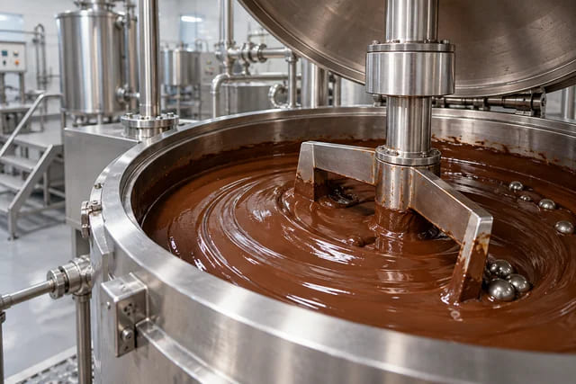 Escena CGI de un recipiente de acero inoxidable para el refinado de chocolate