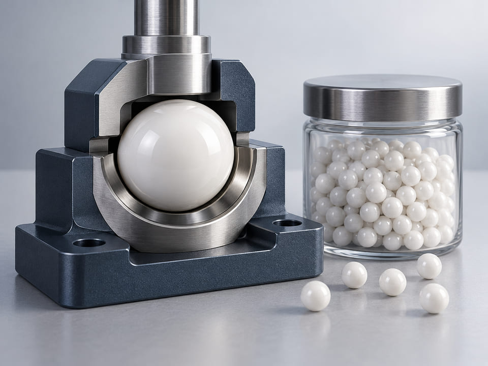 Konzeptionelles CGI: eine polierte weiße Zirkonoxid-Präzisionskugel in einer Sitzvorrichtung neben einem kleinen Glas mit Zirkonoxid-Mahlperlen; unterschiedliche Präzisions- und Mahlkörperverwendung, keine Messwerte
