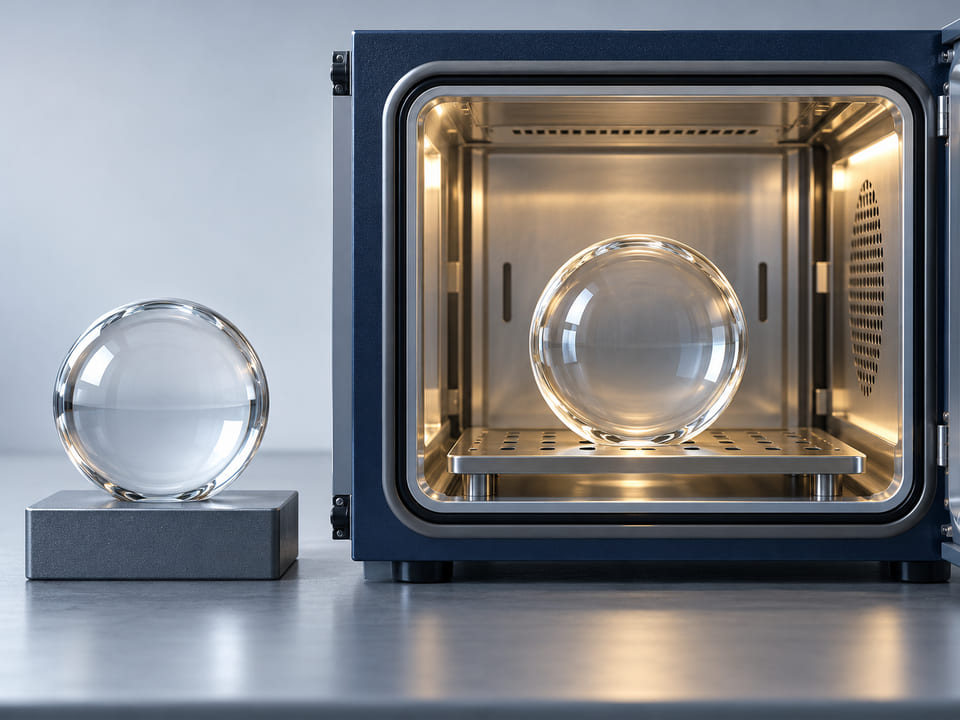 Konzeptionelles CGI: klare Borosilikatkugel in einer neutralen temperaturgeregelten Prüfkammer mit einer zweiten Referenzkugel außerhalb; qualitatives Konzept zur thermischen Prüfung, ohne Flammen oder erfundene Temperaturwerte