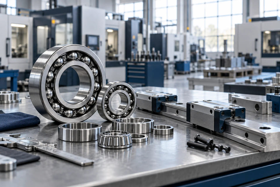 Concept CGI de composants de roulement et de mouvement linéaire sur un établi de machines de précision