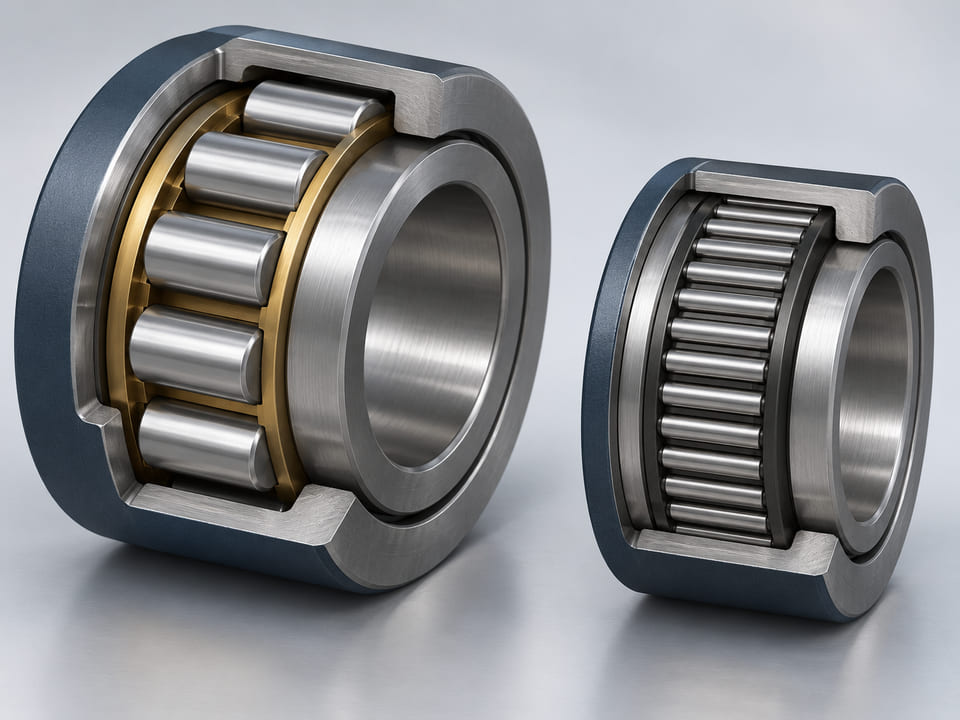Konzeptionelles CGI: einfache Lagerschnittdarstellung mit silbernen Zylinderrollen, die parallel zwischen konzentrischen Stahlringen laufen, daneben ein kompakter Nadellagerabschnitt mit schlanken axialen Rollen; mechanisch glaubwürdige Ausrichtung, keine gekreuzten, unmöglichen Hybridrollen