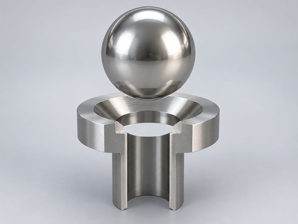 Konzeptionelles CGI: vollständige Kugel aus martensitischem Edelstahl 420C; Zusammensetzung und Behandlung gemäß Bestellung festgelegt, über einem konischen Ringsitz und einer ausgerichteten offenen vertikalen Bohrung; Konzept eines axialen Bauteilkontakts