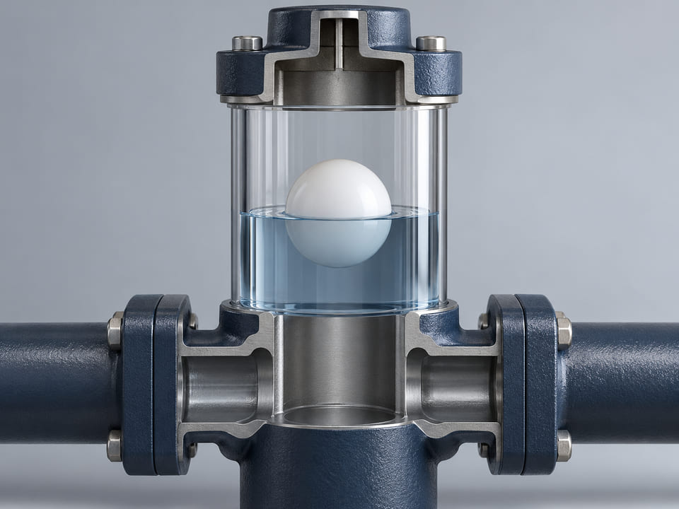 Konzeptionelle CGI-Darstellung: transparente vertikale Flüssigkeitsanzeigekammer mit einer weißen HDPE-Kugel, die sichtbar am Flüssigkeitsmeniskus schwimmt; einfaches belüftetes Gehäusekonzept, ohne Ventile oder unmögliche Rohrführung