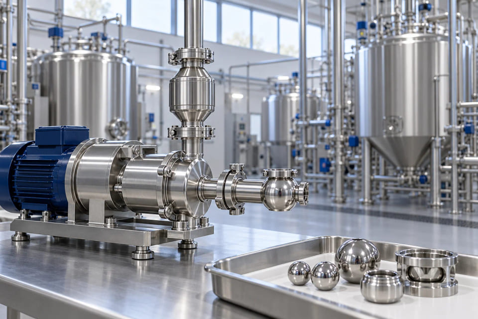 Concepto CGI de equipos de proceso de acero inoxidable y muestras de componentes esféricos en un entorno de equipos higiénicos