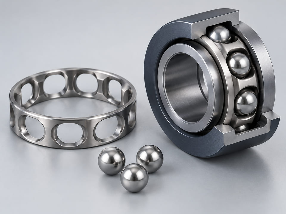Konzeptionelles CGI: gestanzter kreisförmiger Metallkäfig mit glatten, gleichmäßig verteilten Taschen und drei losen Stahlkugeln daneben; ein zweiter passender Käfigabschnitt hält einzelne Kugeln mit sichtbarem Laufspiel; keine Tragfähigkeitsangaben oder Messwerte