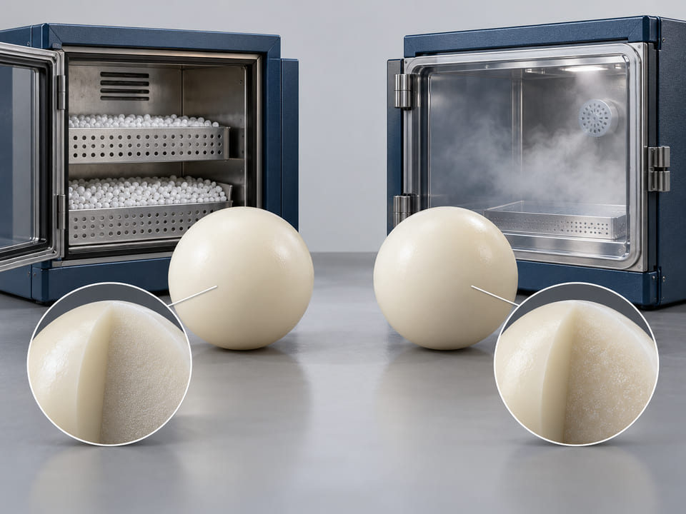 CGI conceptuelle : deux sphères en polymère ivoire avec, d’un côté, un contenant de conditionnement sec et, de l’autre, une enceinte de conditionnement humide ; concept de conditionnement technique, sans eau visible à l’intérieur des billes pleines
