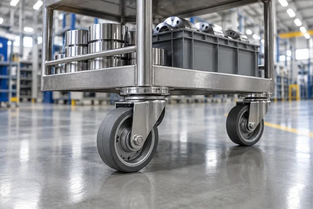 CGI-Anwendungsszene schwenkbarer Rollen an einem Transportwagen in einer Fabrik