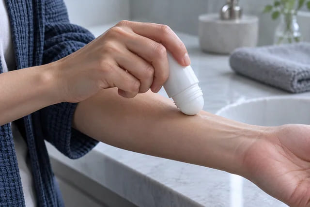 CGI-Anwendungsszene einer kosmetischen Roll-on-Kugel, die Formulierung auf einen Unterarm aufträgt