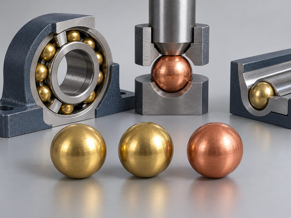 Konzeptionelle CGI-Darstellung: zwei warmgelbe Messingkugeln und eine rötliche Reinkupferkugel; Vergleich der Metallfarbe ohne Angaben zur chemischen Zusammensetzung