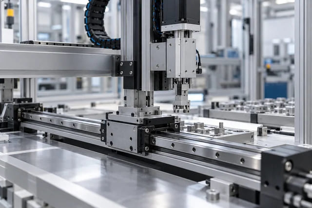 CGI-Anwendungsszene eines Linearführungswagens in einer automatisierten Portalzelle