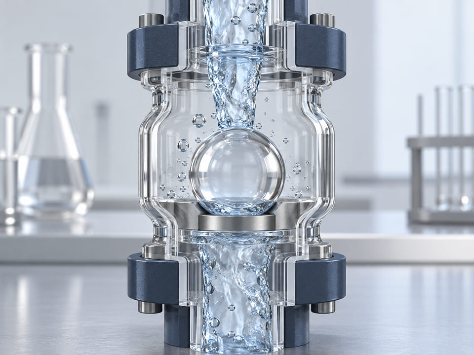 Konzeptionelles CGI: Laborkammer für Fluide mit einer klaren Borosilikatkugel, die in einem transparenten senkrechten Anschluss an einem Ringsitz gehalten wird; sauberer Laborhintergrund