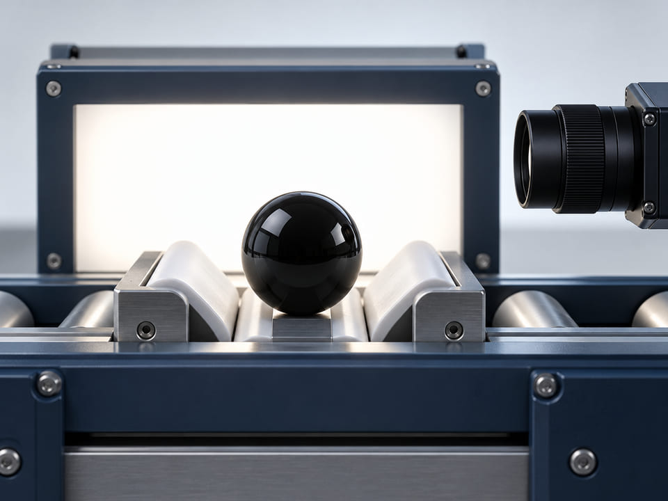 Konzeptionelles CGI: industrielle optische Sortiervorrichtung mit einer schwarzen Glaskugel vor einem hellen, rückbeleuchteten Kameraprüfhintergrund und einem einfachen Kamer objektiv am Rand; keine Ergebnisse oder Zahlen