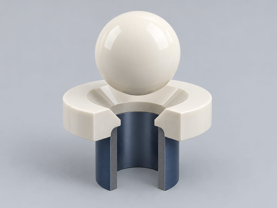 Konzeptionelles CGI: spezifizierte stabilisierte Zirkoniumoxidkugel aus ZrO2 mit definierter Güte und Stabilisator über einem konischen Ringsitz und einer fluchtenden offenen senkrechten Bohrung; Konzept für axialen Bauteilkontakt