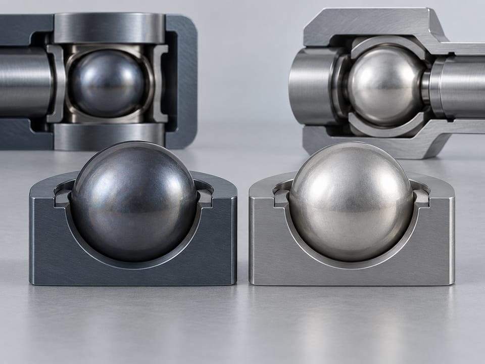 CGI conceptual: esfera gris azulada de tántalo junto a una esfera plateada pálida de titanio en cavidades circulares poco profundas separadas; comparación realista de materiales sin afirmar la pureza