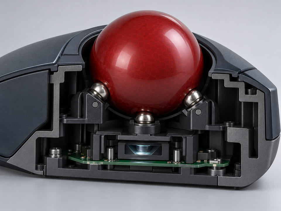 CGI conceptual: corte de un módulo industrial de trackball: esfera de resina roja con patrón sutil de gran tamaño, apoyada sobre tres pequeñas bolas de soporte, ventana de sensor óptico debajo y carcasa negra compacta; geometría verosímil