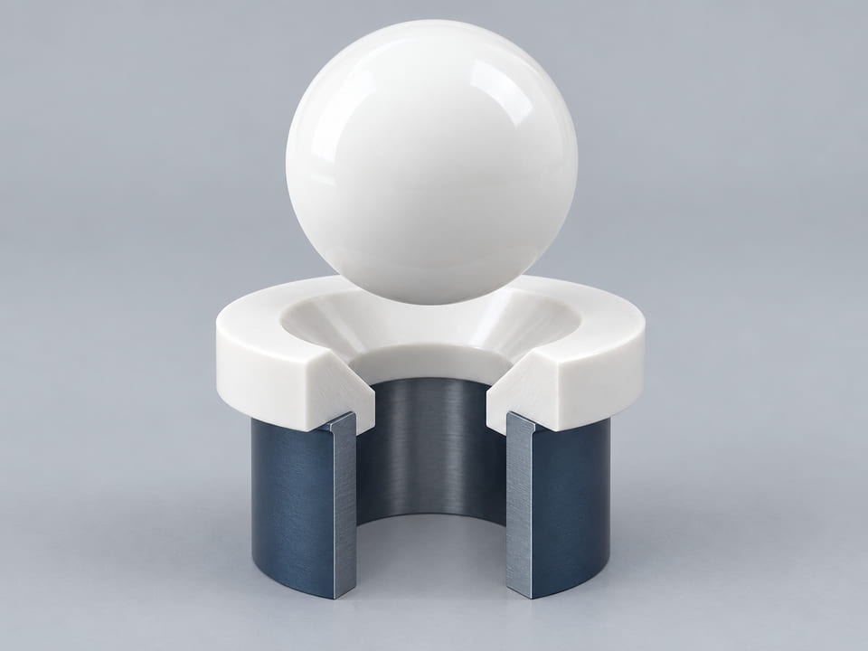 Konzeptionelles CGI: Kugel aus spezifiziertem Aluminiumoxid, Al2O3, mit definierter Reinheit und Keramikgüte über einem konischen Ringsitz und einer fluchtenden offenen senkrechten Bohrung; axiales Bauteilkontaktkonzept