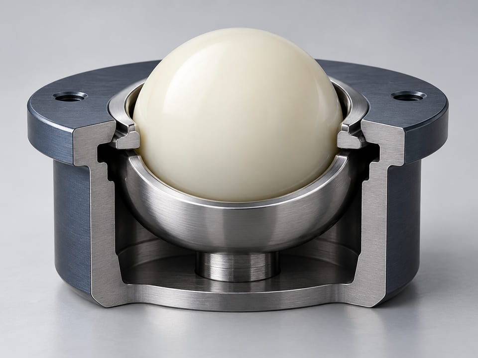 CGI conceptuelle : coupe d’une douille compacte de transfert de billes à faible charge : une sphère en nylon ivoire est supportée dans une coupelle en acier inoxydable avec un contact annulaire clairement visible, sans étiquette ni coupe de la bille