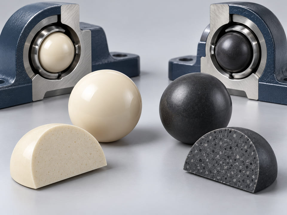 Konzeptionelle CGI-Darstellung: elfenbeinfarbene Kugel aus ungefülltem PEEK neben einer dunklen Kugel aus gefülltem PEEK und freigelegten Materialquerschnitten mit angedeutetem, fein verteiltem Füllstoff; keine fälschlich sichtbaren Fasern auf einer polierten Kugel