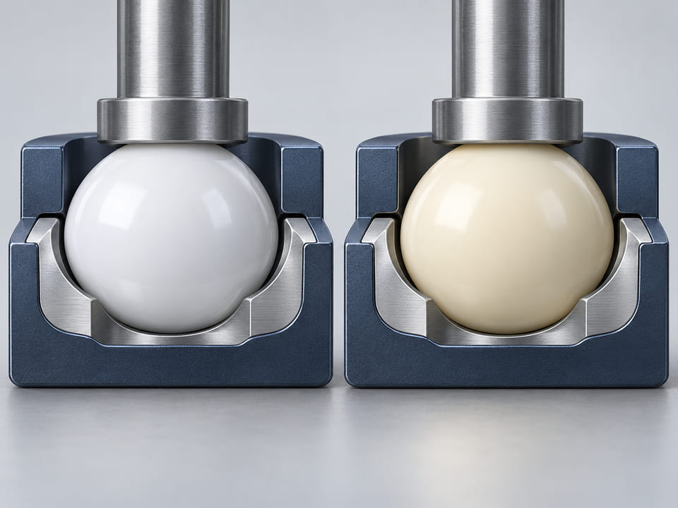 CGI conceptual: esfera blanca de POM en una copa ligera de asiento mecánico junto a una esfera marfil de nailon en una segunda copa coincidente; holgura de movimiento clara y geometría de contacto pulida, sin afirmaciones de ensayo