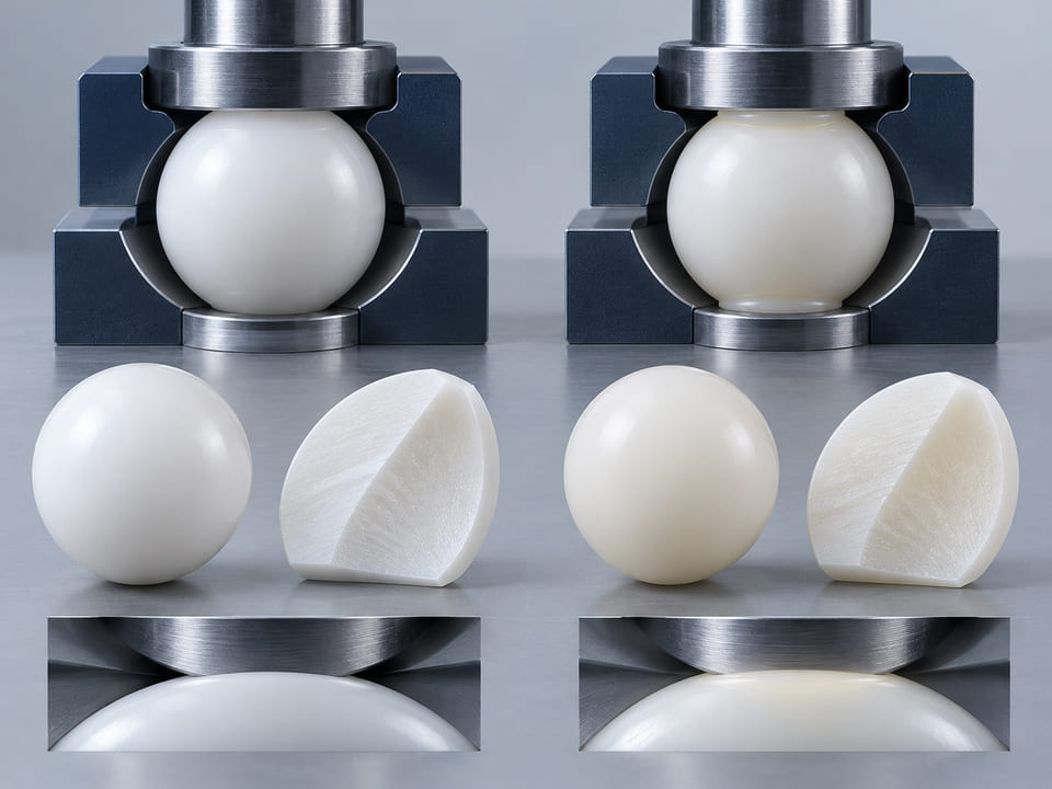 Konzeptionelle CGI-Darstellung: weiße UHMWPE-Kugel neben weißer HDPE-Kugel mit bearbeiteten Materialquerschnitten und zwei maßvollen Kontaktabdrücken; qualitativer Vergleich von Werkstoff und Verformung ohne Leistungswerte