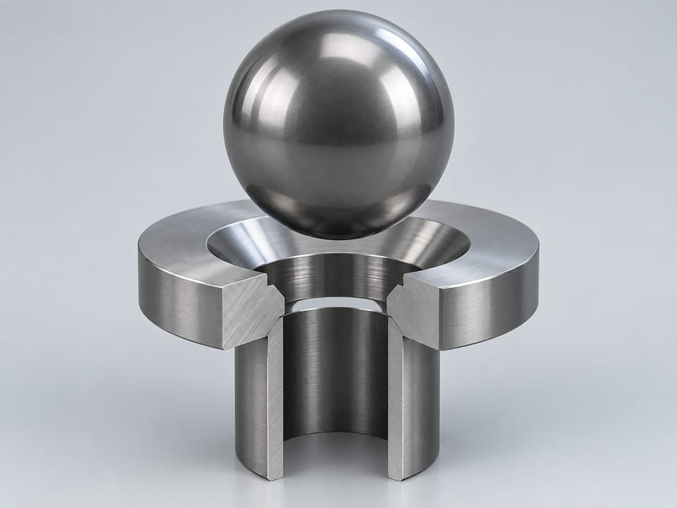 Konzeptionelle CGI-Darstellung: Kugel aus spezifiziertem Wolframkarbid-Hartmetall mit Bindemittelsystem über einem konischen Ringsitz und einer dazu ausgerichteten offenen vertikalen Bohrung; axiales Kontaktkonzept für Bauteile