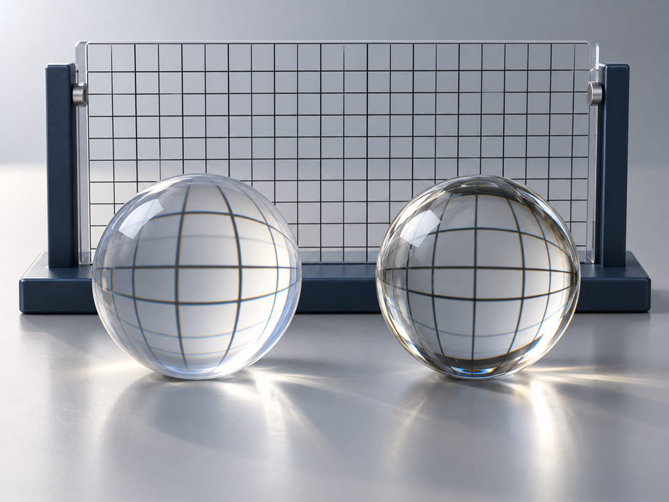 Konzeptionelle CGI-Darstellung: transparente Acrylkugel und transparente Glaskugel neben einem einfachen optischen Raster mit physikalisch plausibler unterschiedlicher Brechung; ohne Beschriftungen oder behauptete Messwerte