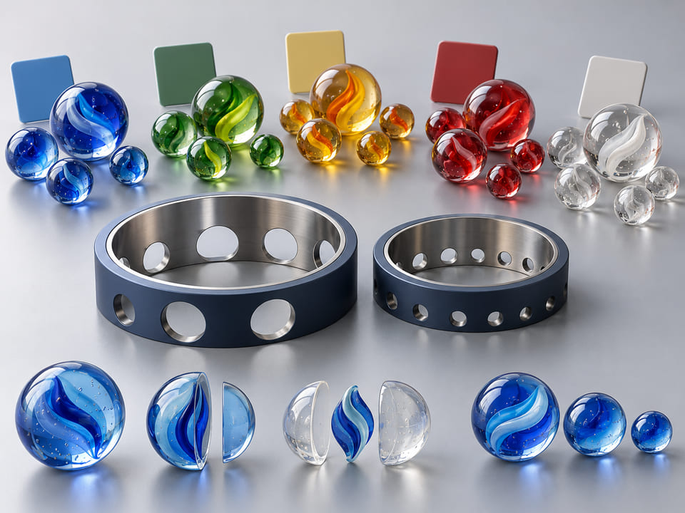 CGI conceptuel : petits groupes séparés de billes décoratives en verre accompagnés d’échantillons de couleur assortis et de deux anneaux de tri par taille ; concept de cohérence de couleur et de taille sans texte