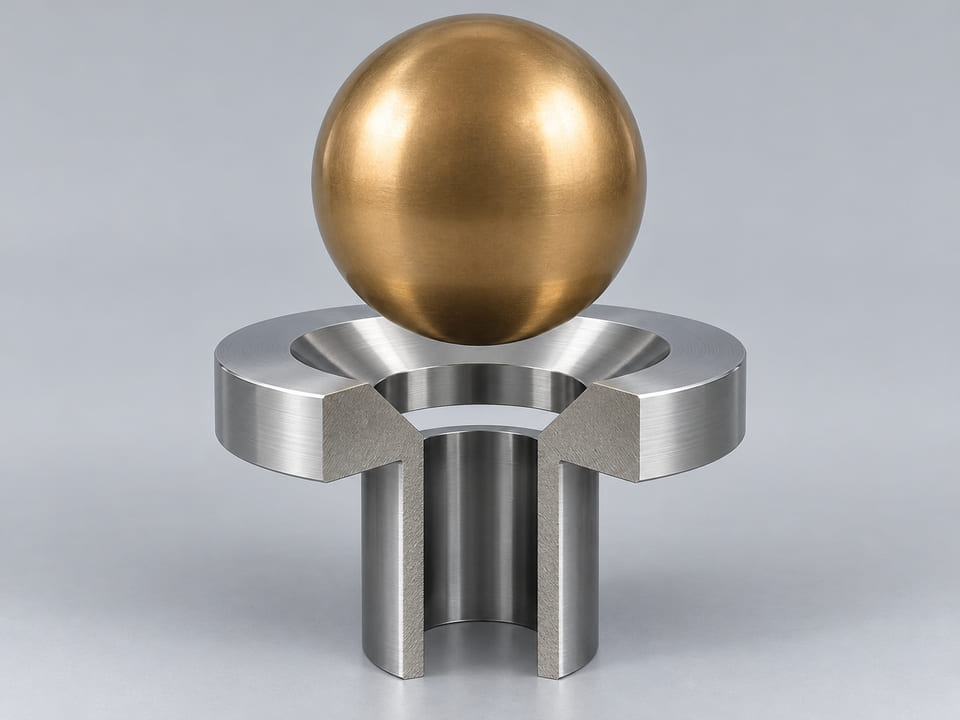 Konzeptionelle CGI-Darstellung: vollständige Kugel aus spezifizierter Kupfer-Aluminium-Bronzelegierung; genaue Qualität und Zustand erforderlich; oberhalb eines konischen Ringsitzes und einer ausgerichteten offenen vertikalen Bohrung; axiales Kontaktkonzept des Bauteils