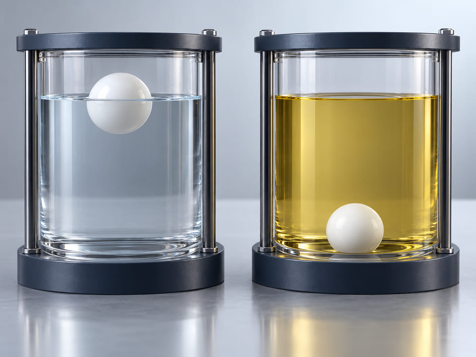 Konzeptionelle CGI-Darstellung: zwei transparente Flüssigkeitsgefäße mit gleichartigen weißen HDPE-Kugeln; eine schwimmt am Meniskus, die andere liegt in einer deutlich anderen Flüssigkeit am Boden; qualitativer Dichtevergleich ohne Zahlenwerte