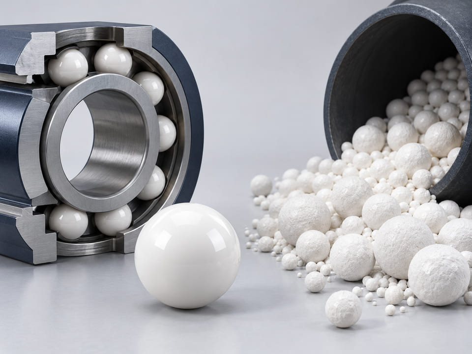 Konzeptionelles CGI: dichte weiße Präzisionskugel aus Aluminiumoxid neben einem kleinen Haufen gröberer weißer keramischer Mahlperlen; Präzisionsbauteil und Prozessmedium durch deutlich unterschiedliche Oberflächen unterscheiden, ohne Beschriftungen