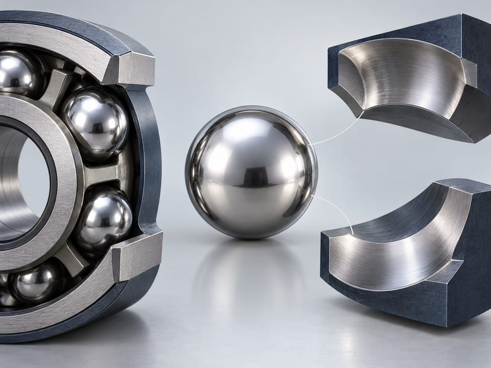 CGI conceptual: una esfera plateada pulida y superficies de contacto curvas ampliadas que la rodean, mostrando el ajuste entre la bola y las pistas; sin campo de tensiones ni medidas