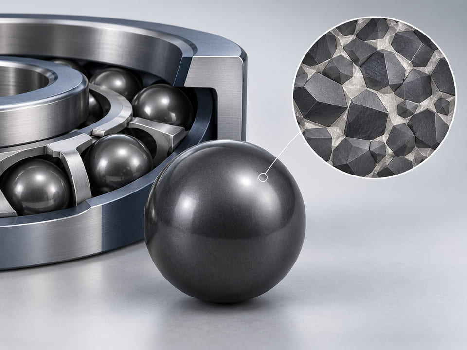 Konzeptionelle CGI-Darstellung: dunkelgraue Hartmetallkugel neben einem separaten vergrößerten, abstrakten Mosaik aus harten Körnern und Bindemittel; klare schematische CGI-Darstellung, ausdrücklich konzeptionell und keine Mikroskopaufnahme