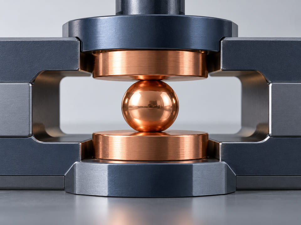 Konzeptionelle CGI-Darstellung: elektrische Prüfkonstruktion mit einer Kupferkugel, die leicht zwischen zwei flachen Kupferkontakten gehalten wird, ohne Funken oder bestromte Schaltung